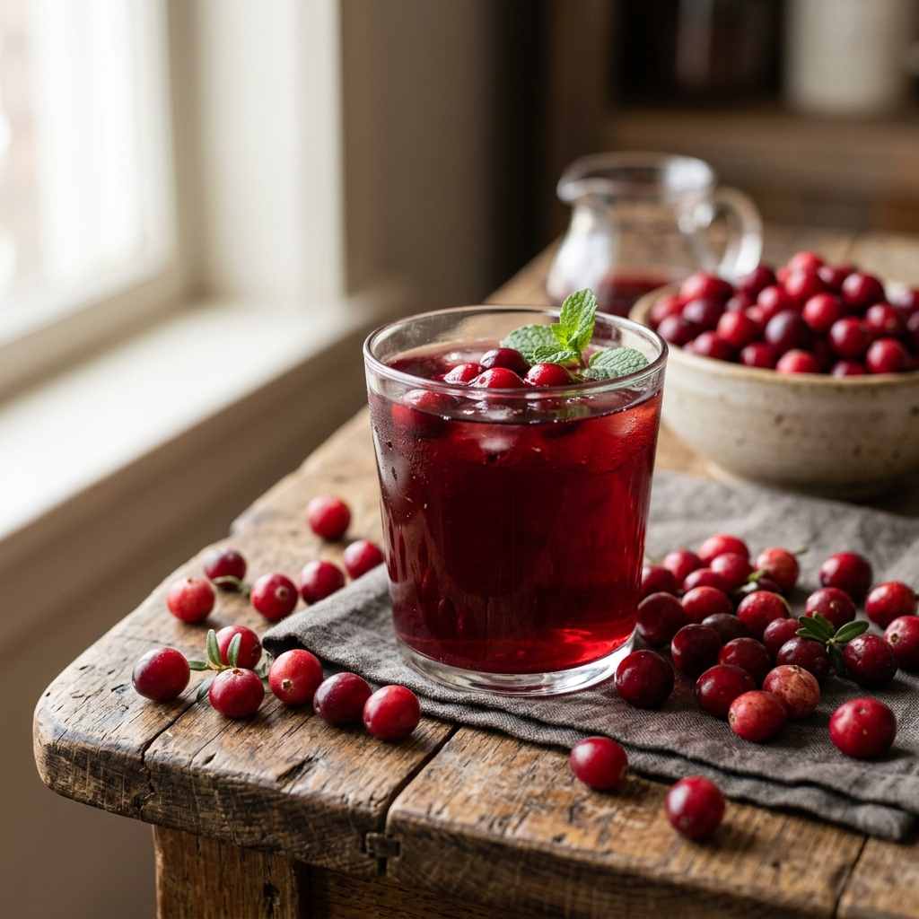 Fresh organic red cranberries in a small wooden bowl next to a glass of cranberry juice