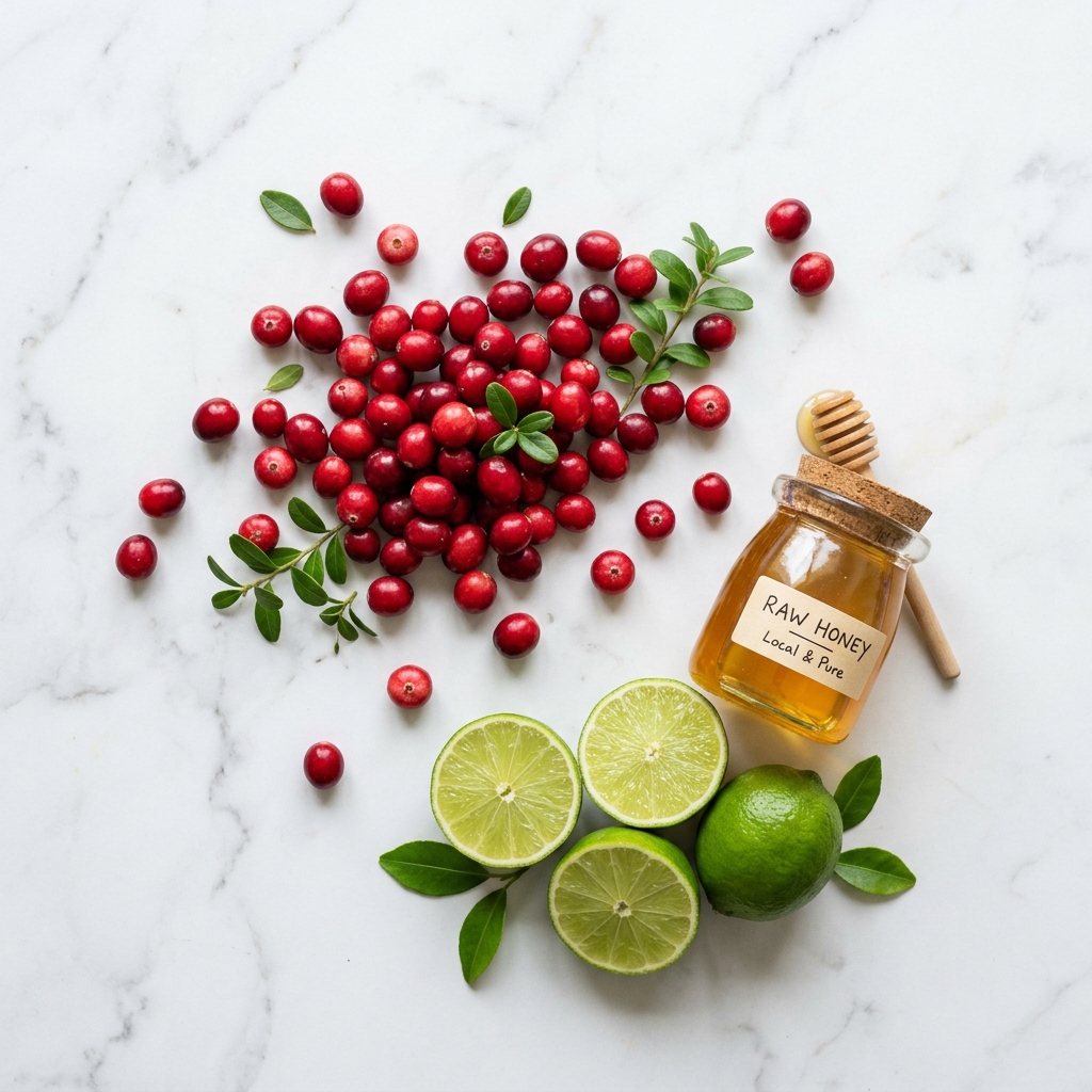Flat-lay top-down photo of fresh red cranberries, green lime halves, and a small jar of honey on a clean white marble background