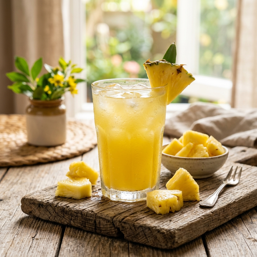 A glass of golden yellow pineapple juice garnished with a pineapple wedge on a wooden table