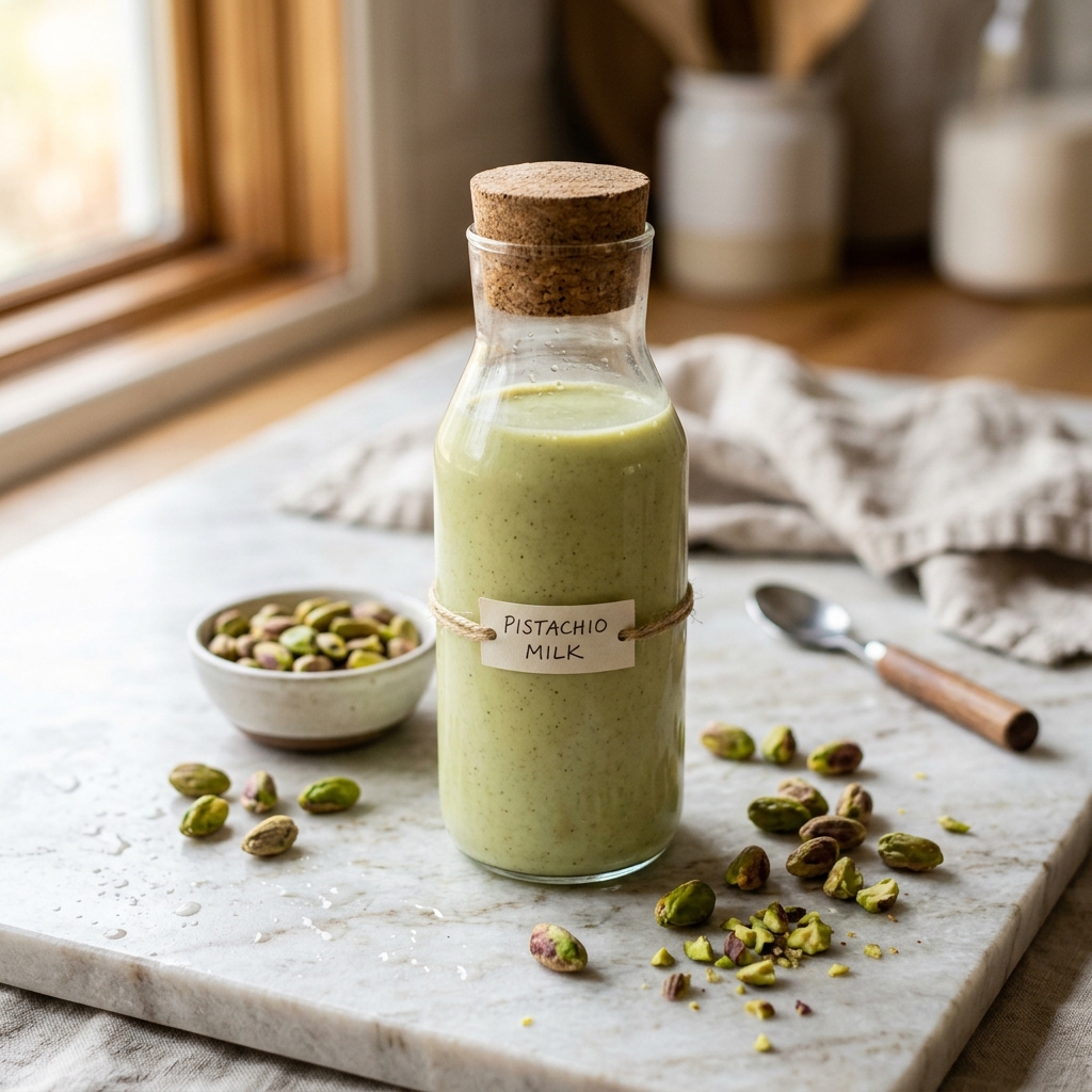 Glass bottle of pale green pistachio milk beside shelled pistachios