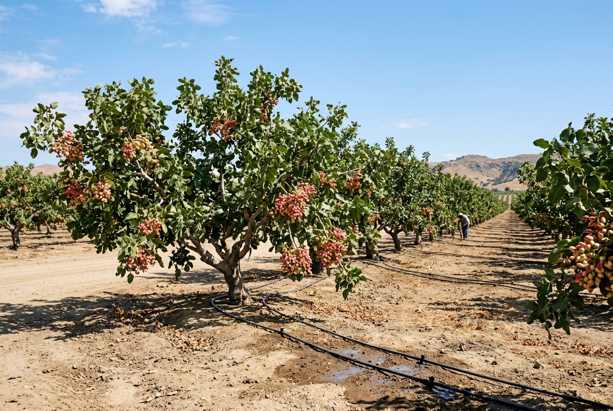 Irrigation lines and nut clusters in a California pistachio orchard