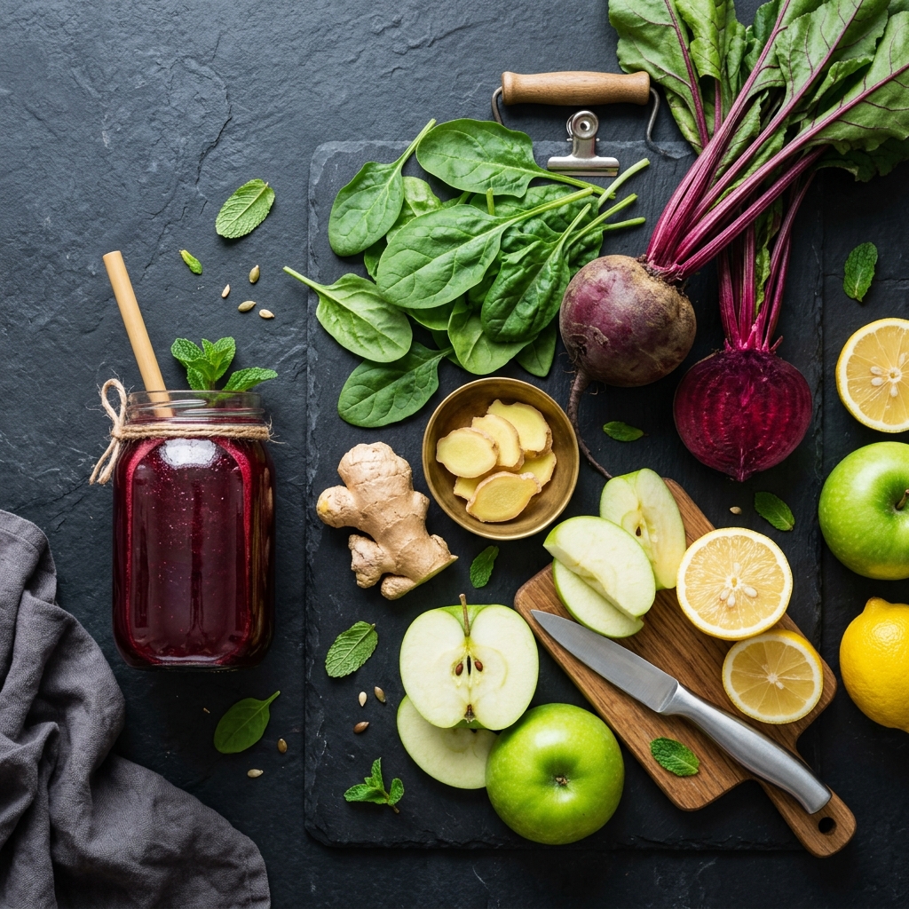 Top-down flat-lay of fresh beetroot, ginger, spinach, lemon, and apples with a jar of red juice