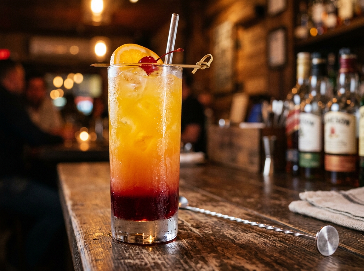 Grenadine being poured slowly down a bar spoon into a layered drink