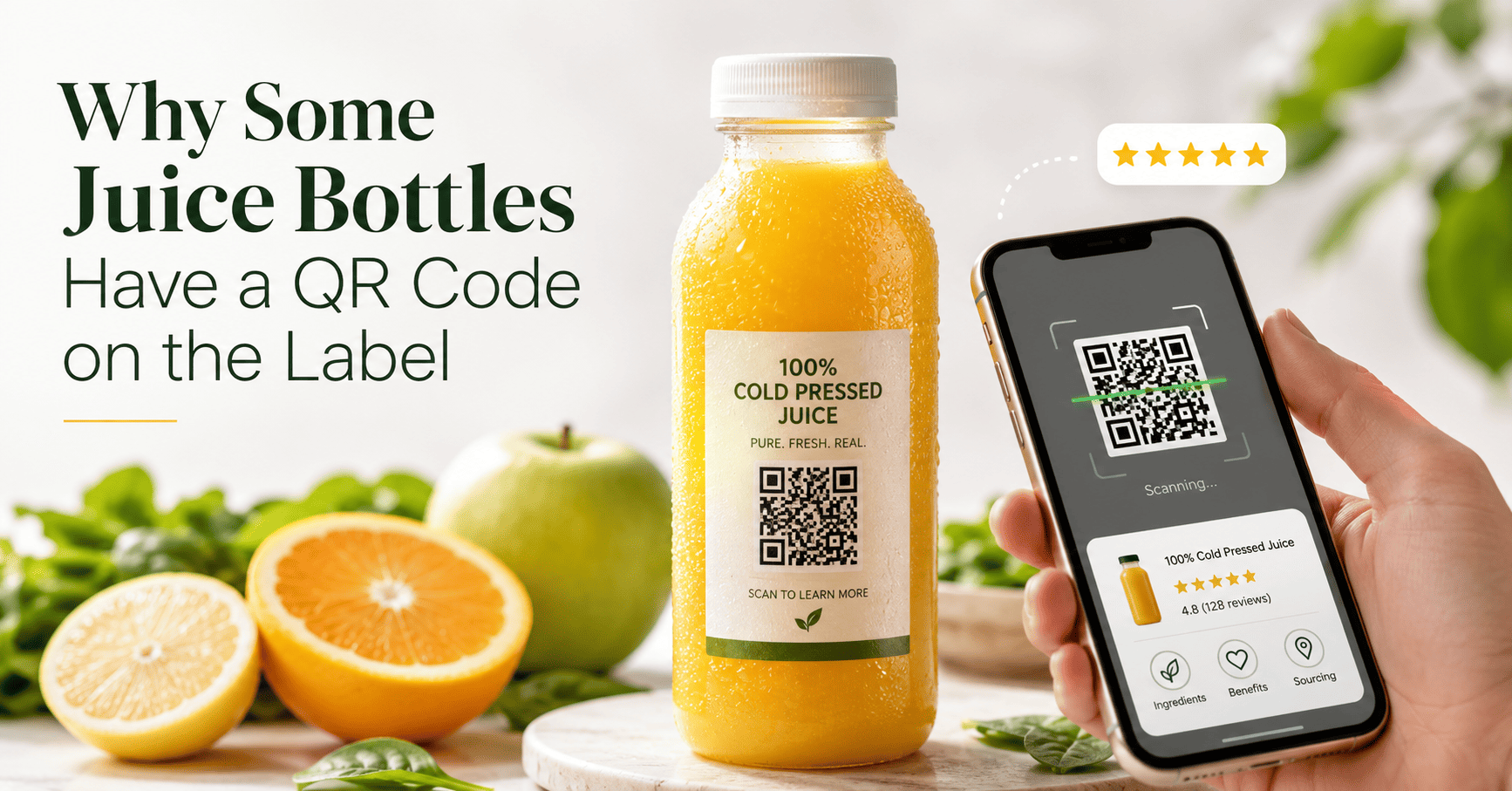 Close-up of a QR code printed on a juice bottle label