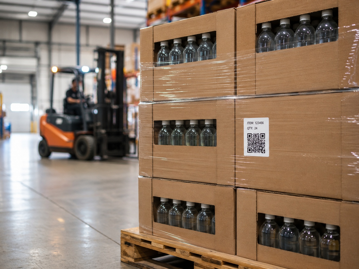 QR code on a wholesale case label in a drinks warehouse