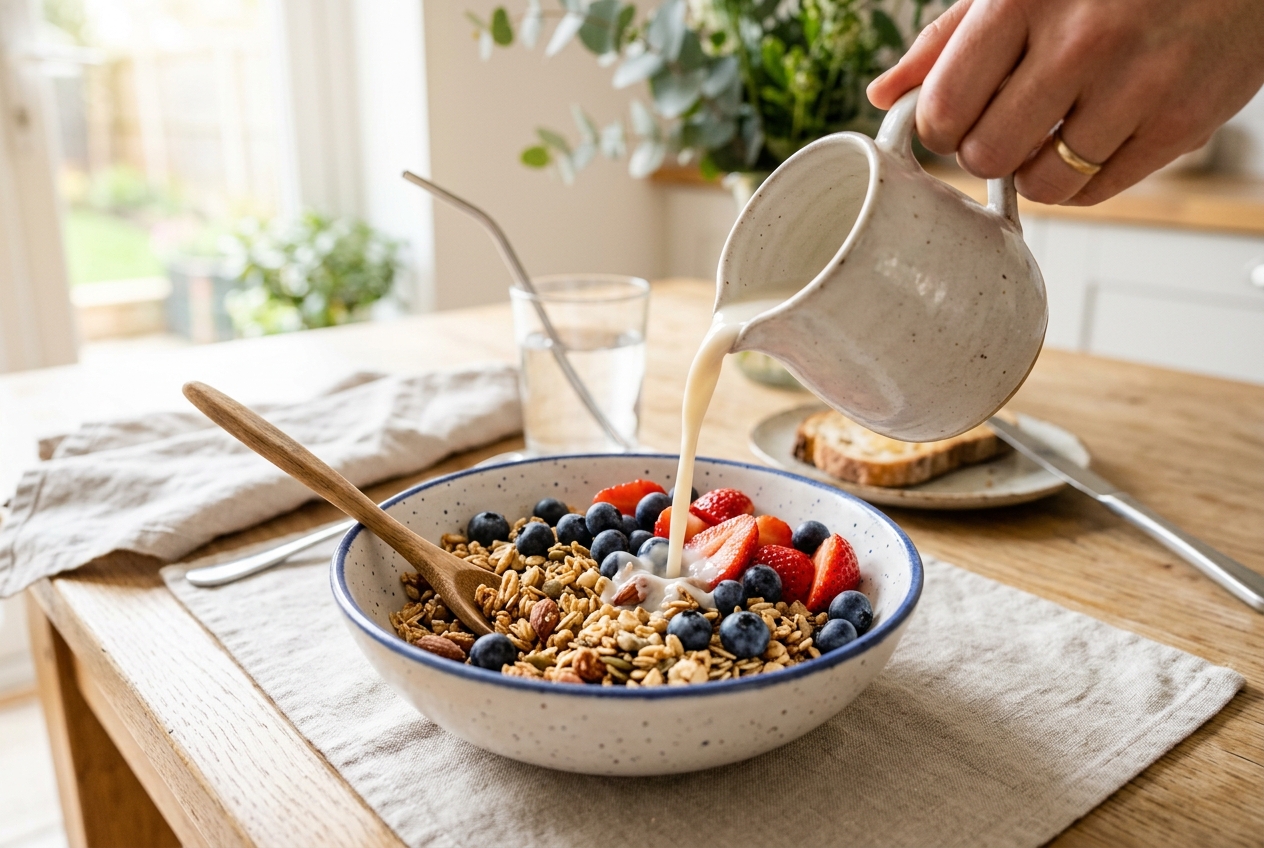 Rice milk being poured over a bowl of granola with blueberries and strawberries