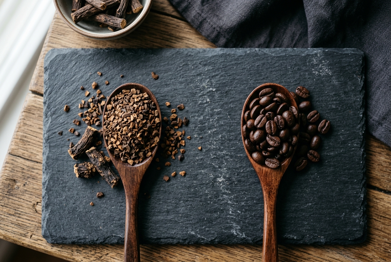 Roasted chicory root granules beside dark roast coffee beans for a visual comparison