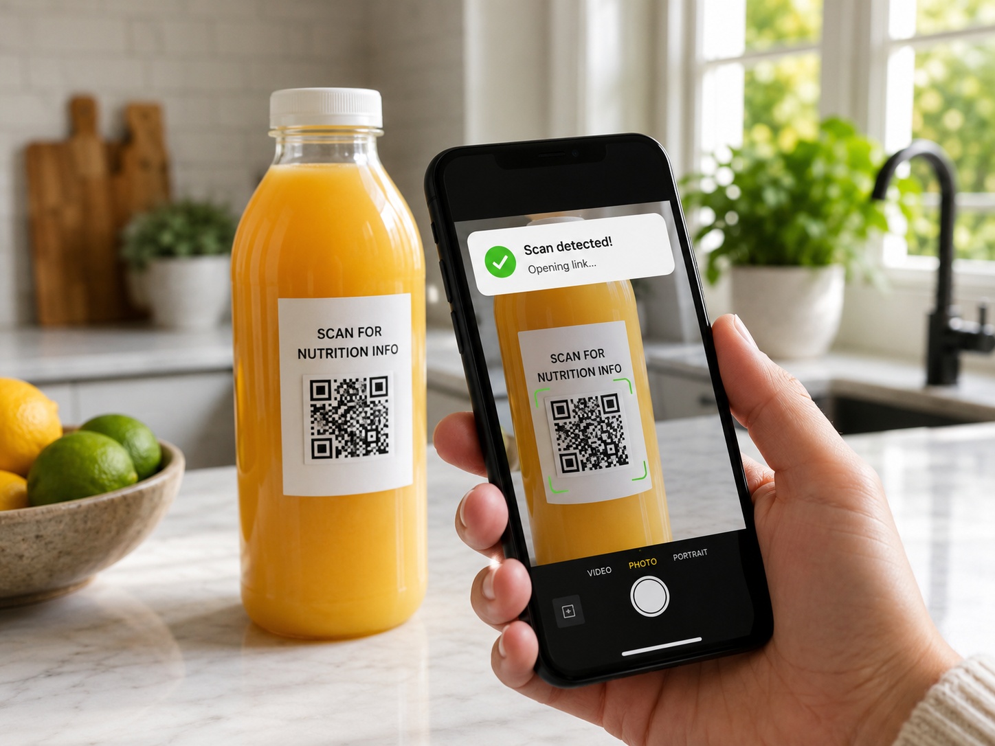 Person scanning a juice bottle QR code with a smartphone camera
