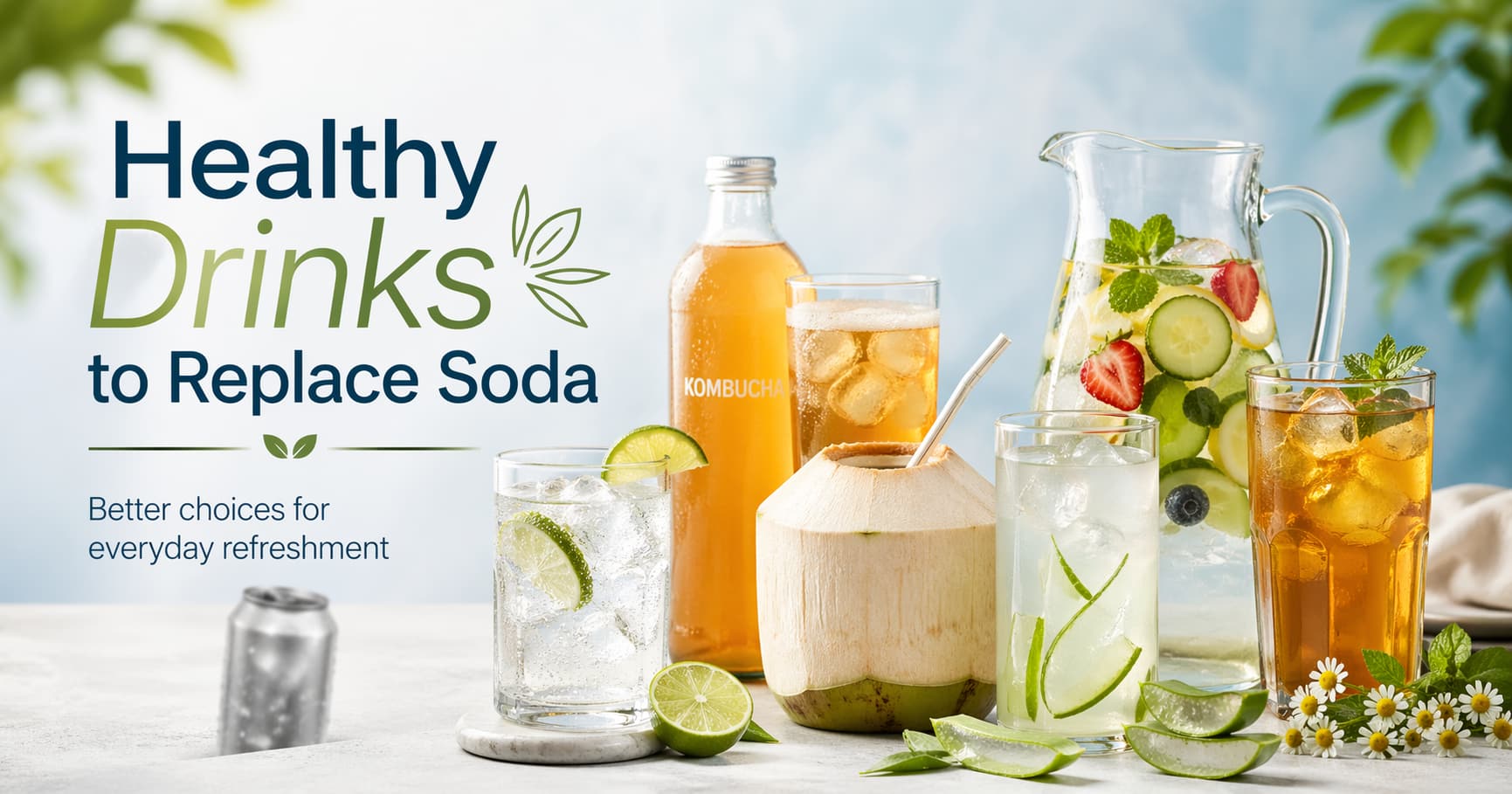 Refreshing soda alternatives displayed with lime sparkling water, kombucha, coconut water, aloe vera drink and fruit-infused water for a healthy drinks guide