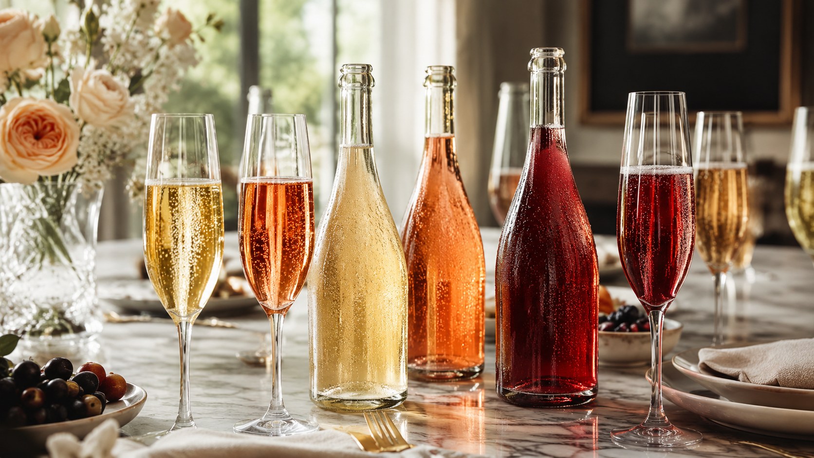 Chilled sparkling tea bottles and poured flutes in golden, amber, and ruby tones on a dining table