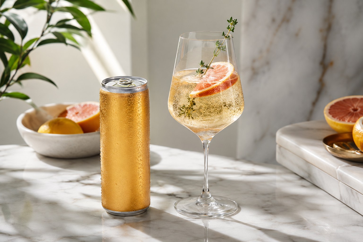Canned everyday sparkling tea next to a poured glass, showing the casual end of the category