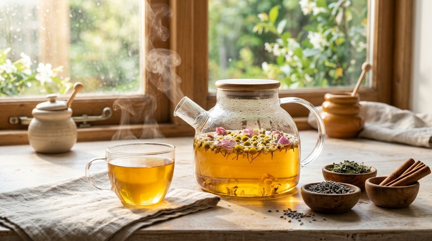 A clear glass teapot with steaming golden herbal tisane with loose dried chamomile and flowers