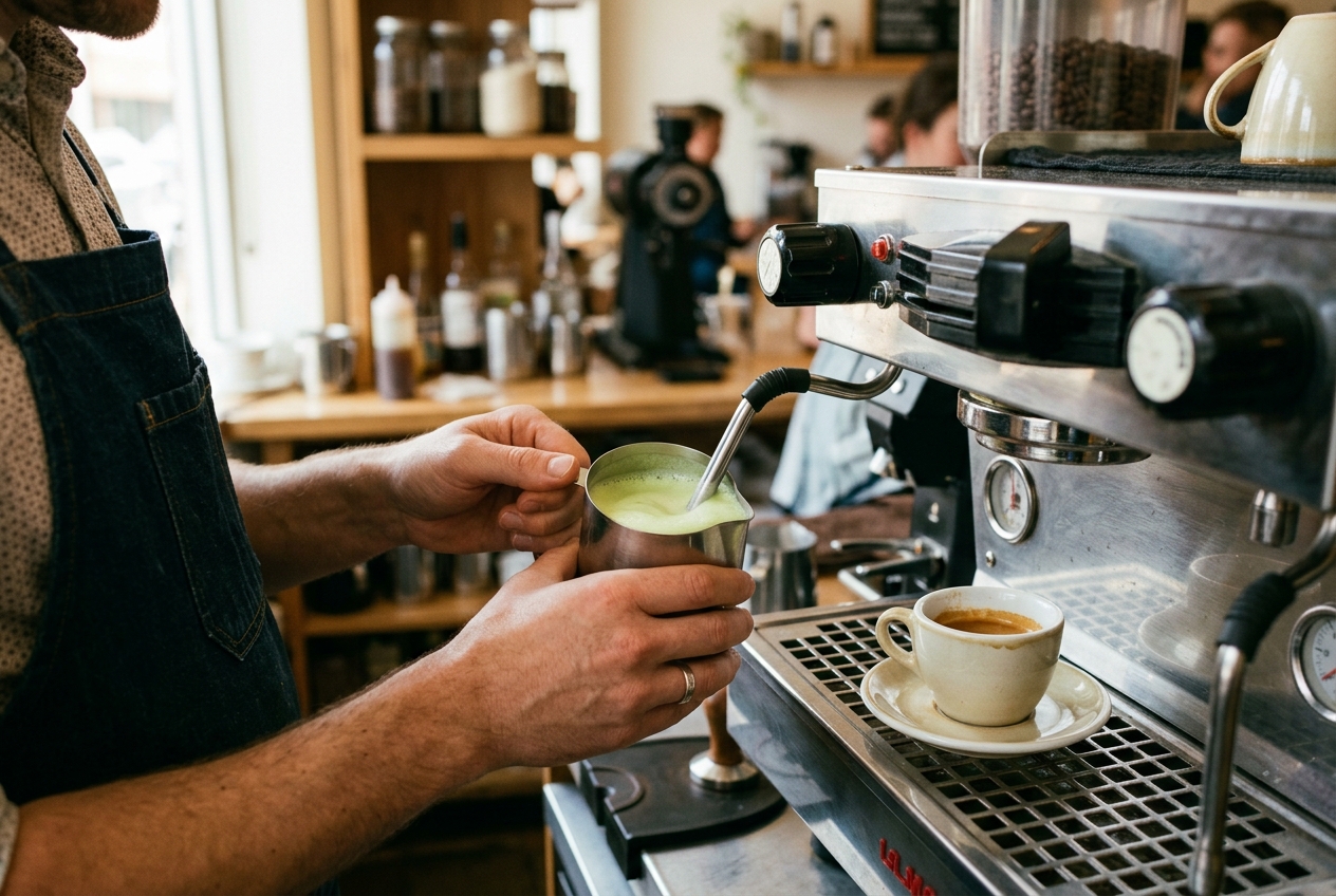 Barista steaming pistachio milk in a stainless steel pitcher beside espresso