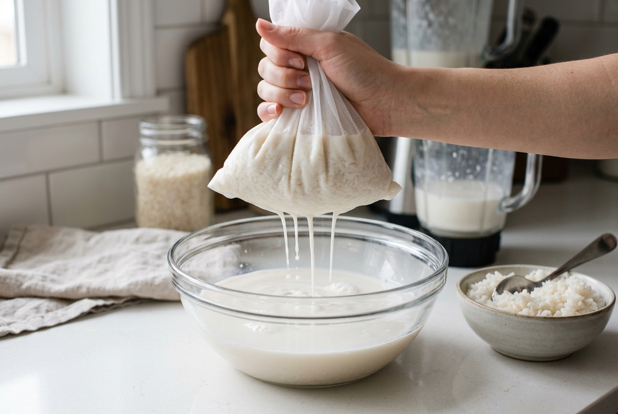 Fresh rice milk draining through a fine nylon nut milk bag into a glass bowl