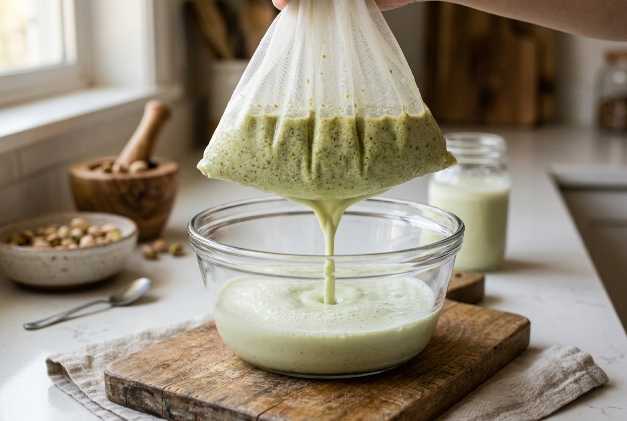 Homemade pistachio milk draining through a fine nut milk bag into a glass bowl