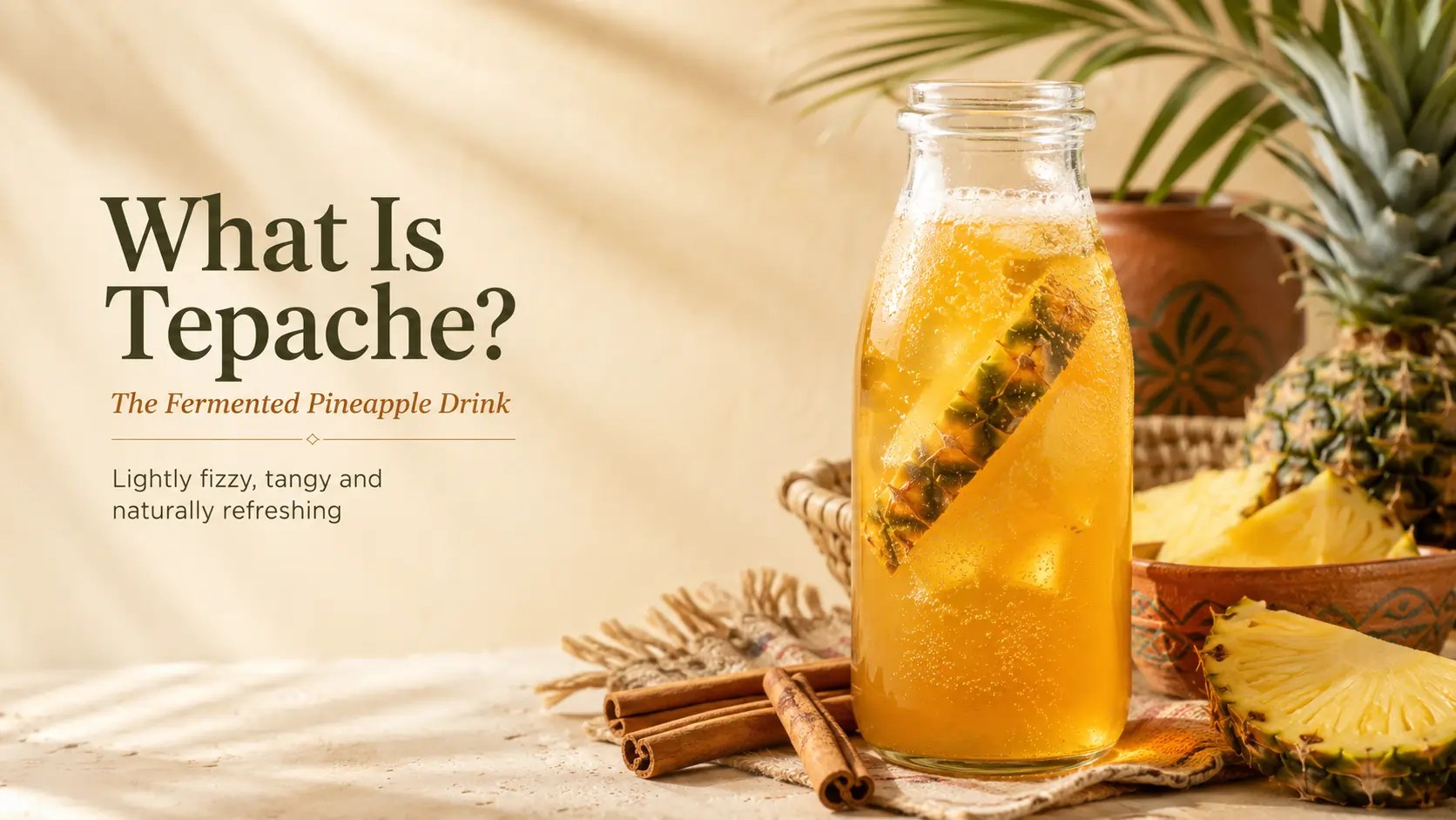 Tepache fermented pineapple drink in a glass bottle with pineapple and cinnamon