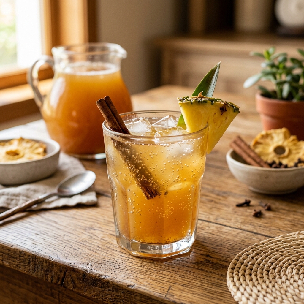 Tepache fermented pineapple drink served over ice with a cinnamon stick and pineapple wedge