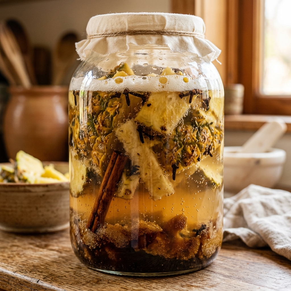 Pineapple skins, core, and cinnamon sticks fermenting in a glass jar to make homemade tepache