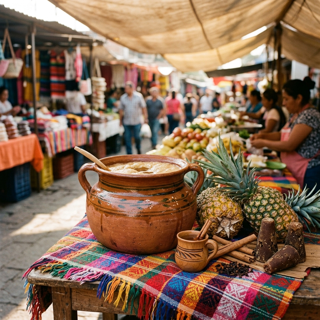 Traditional Mexican clay pot olla de barro containing fermented pineapple tepache with ingredients