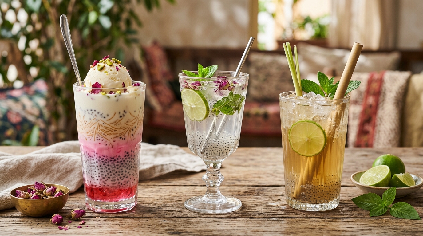 Falooda, Persian basil seed sharbat, and Thai basil seed drink served side by side
