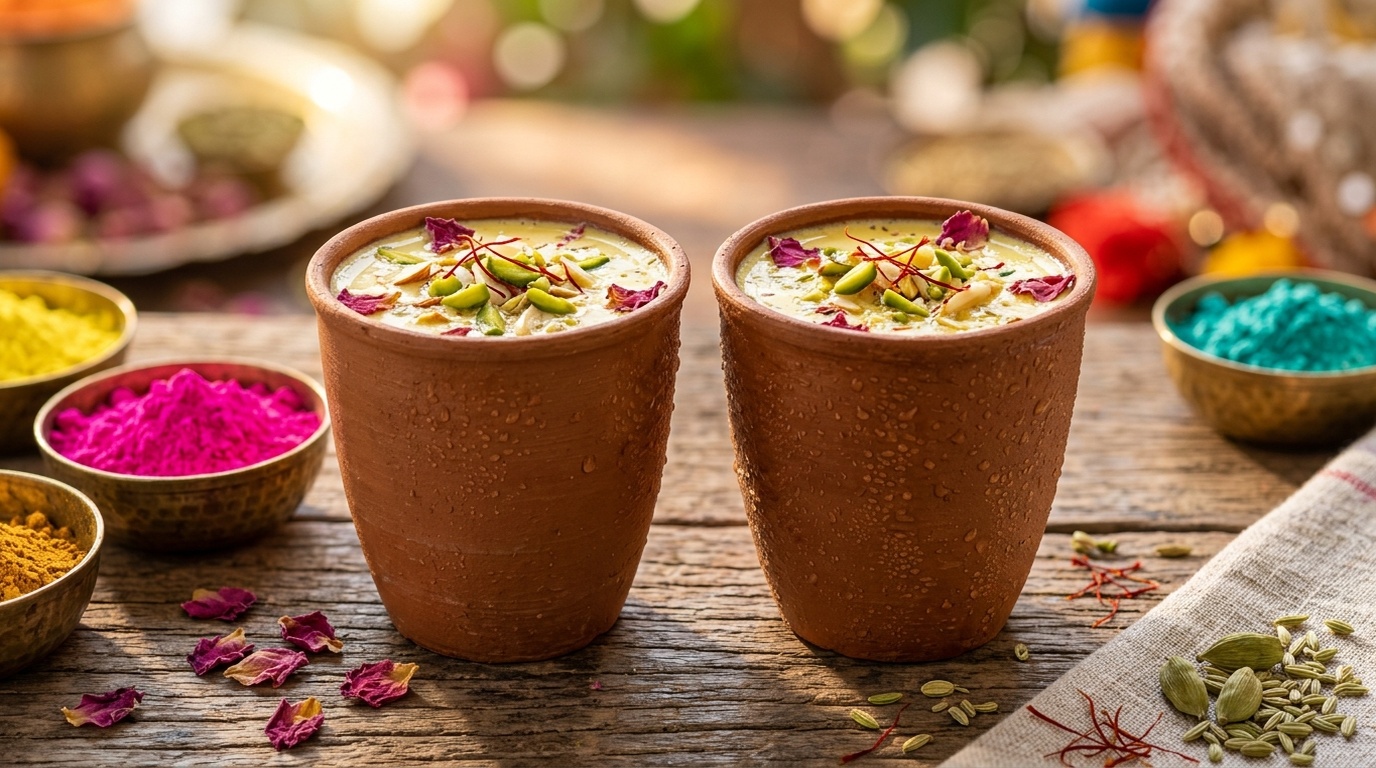 Two traditional clay kulhads filled with creamy spiced Indian thandai drink garnished with pistachios, saffron threads, and rose petals