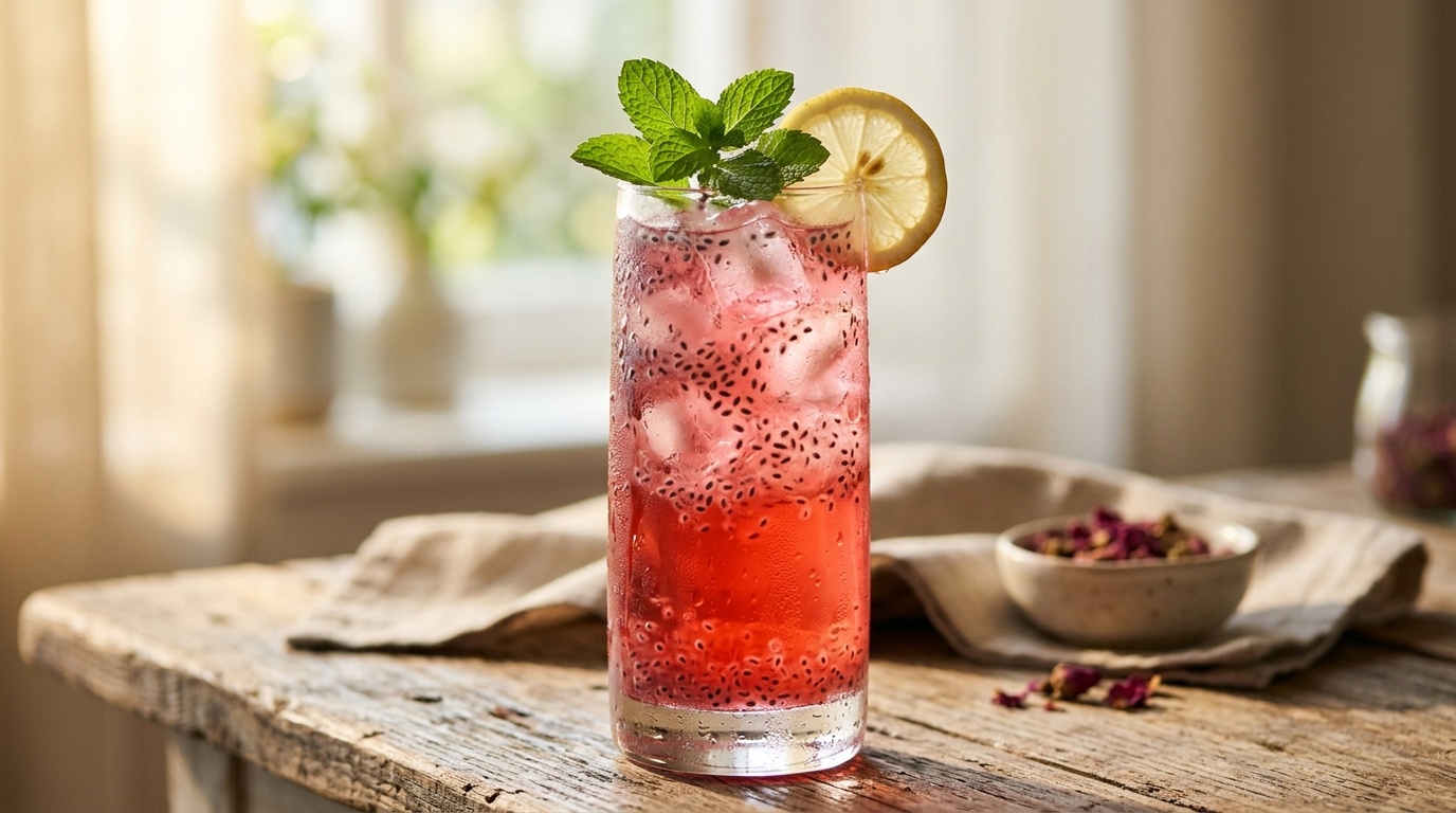 A chilled glass of pink rose sharbat with bloomed basil seeds and ice on wood table