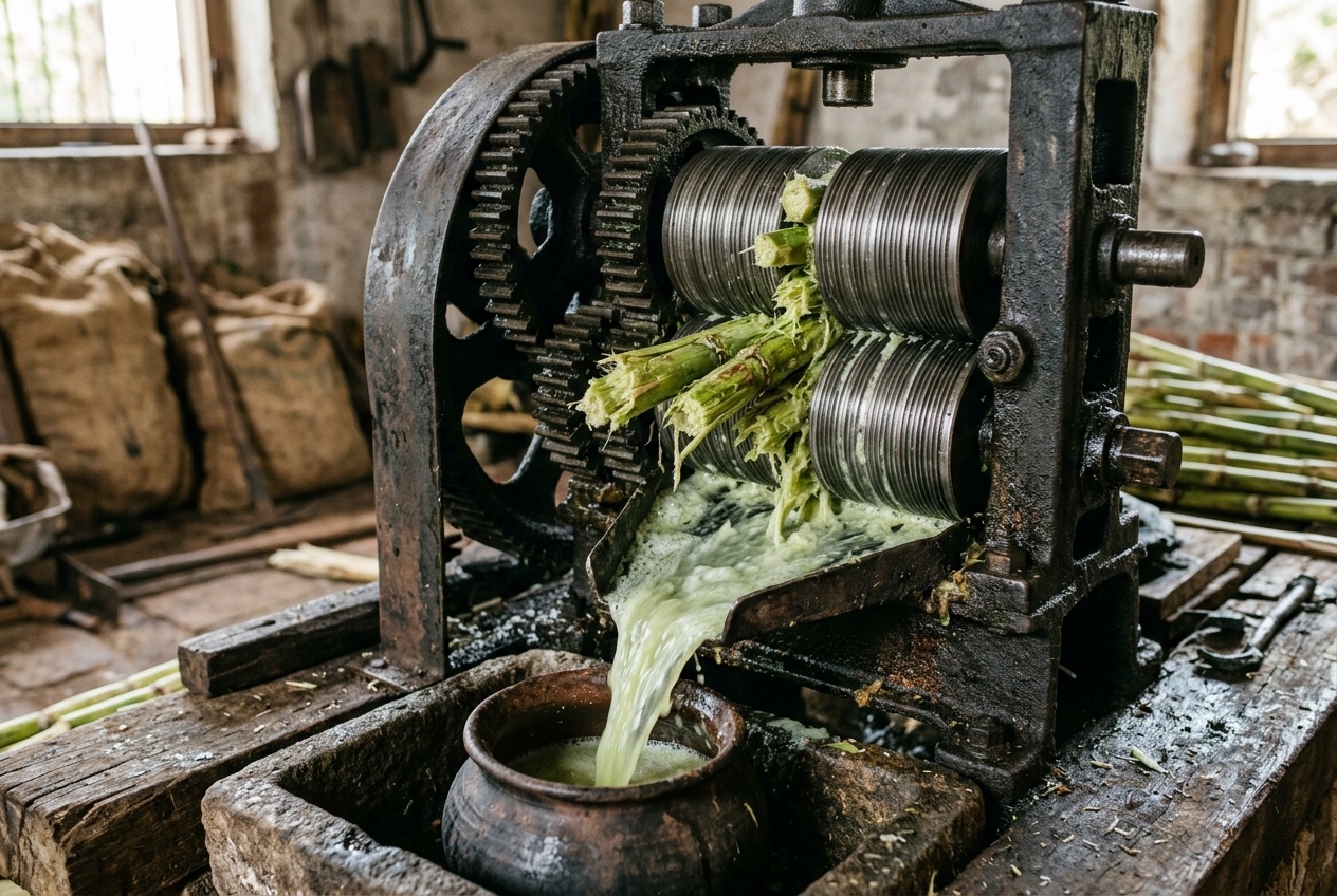 Traditional sugarcane press extracting fresh cane juice