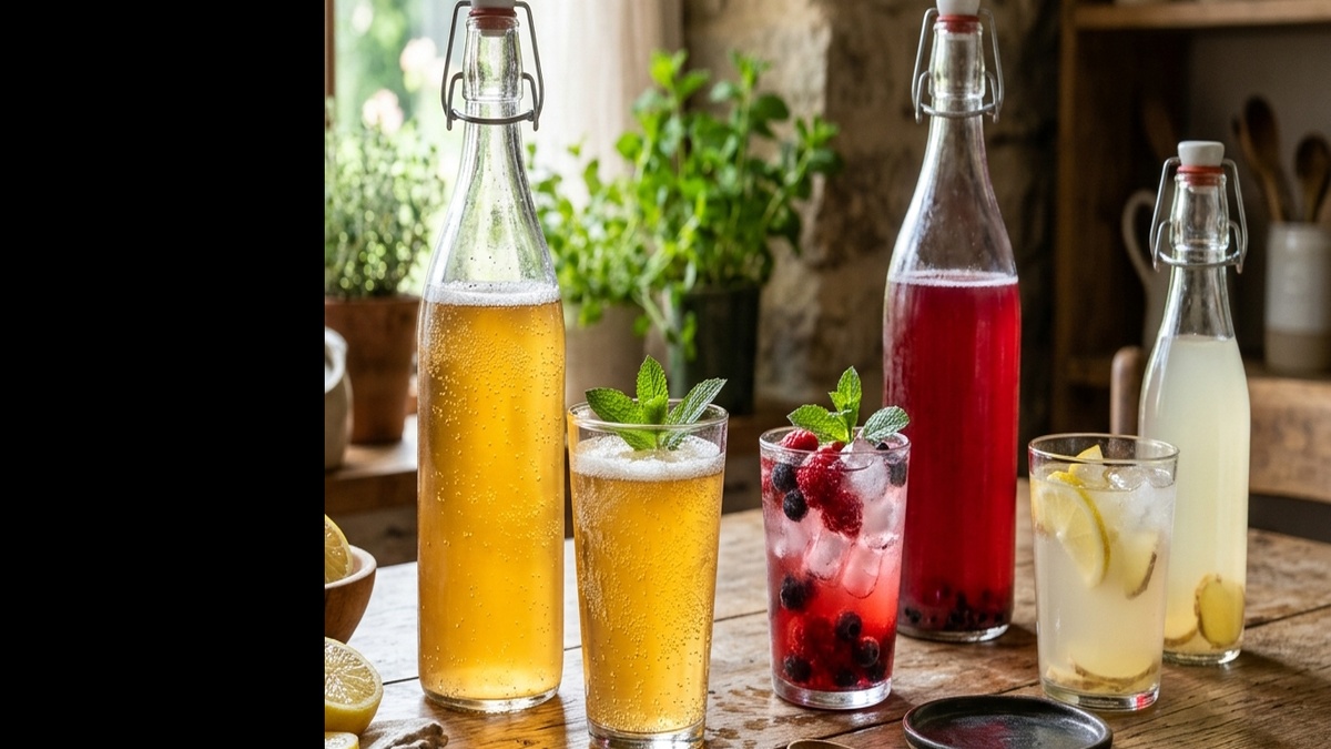 A chilled glass of sparkling water kefir with delicate bubbles on a clean kitchen counter