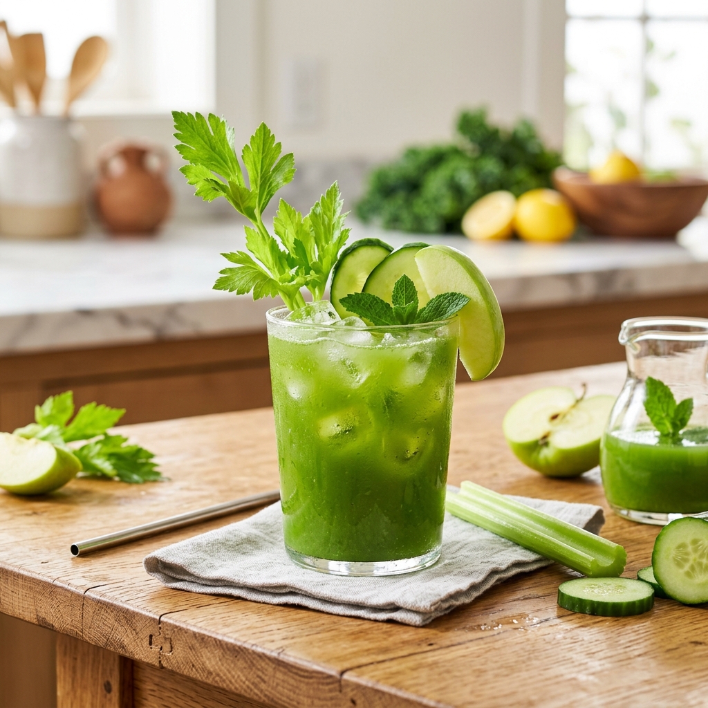 Vibrant green weight loss green juice in a glass with celery, cucumber, and apple on a wooden table