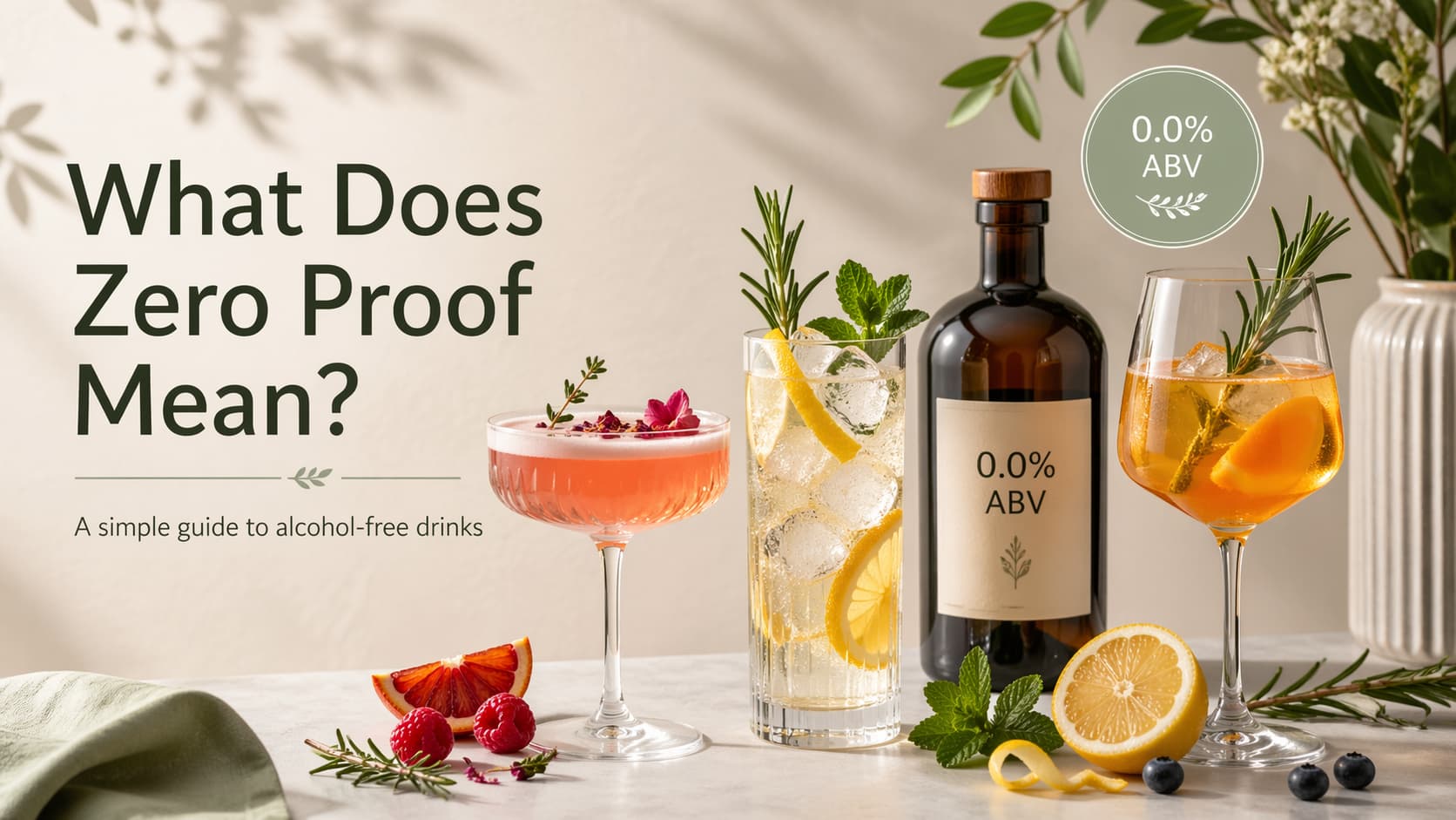 Zero proof drinks with alcohol-free spirits, botanical cocktails, citrus garnishes and 0.0% alcohol labels on a modern blog featured image.