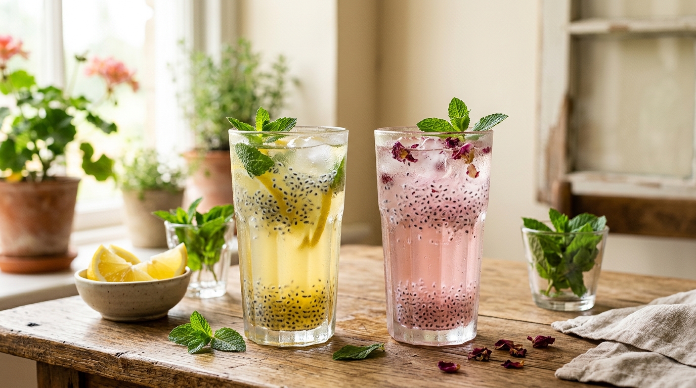 Glasses of lemon and rose basil seed drinks with soaked basil seeds visible in the liquid