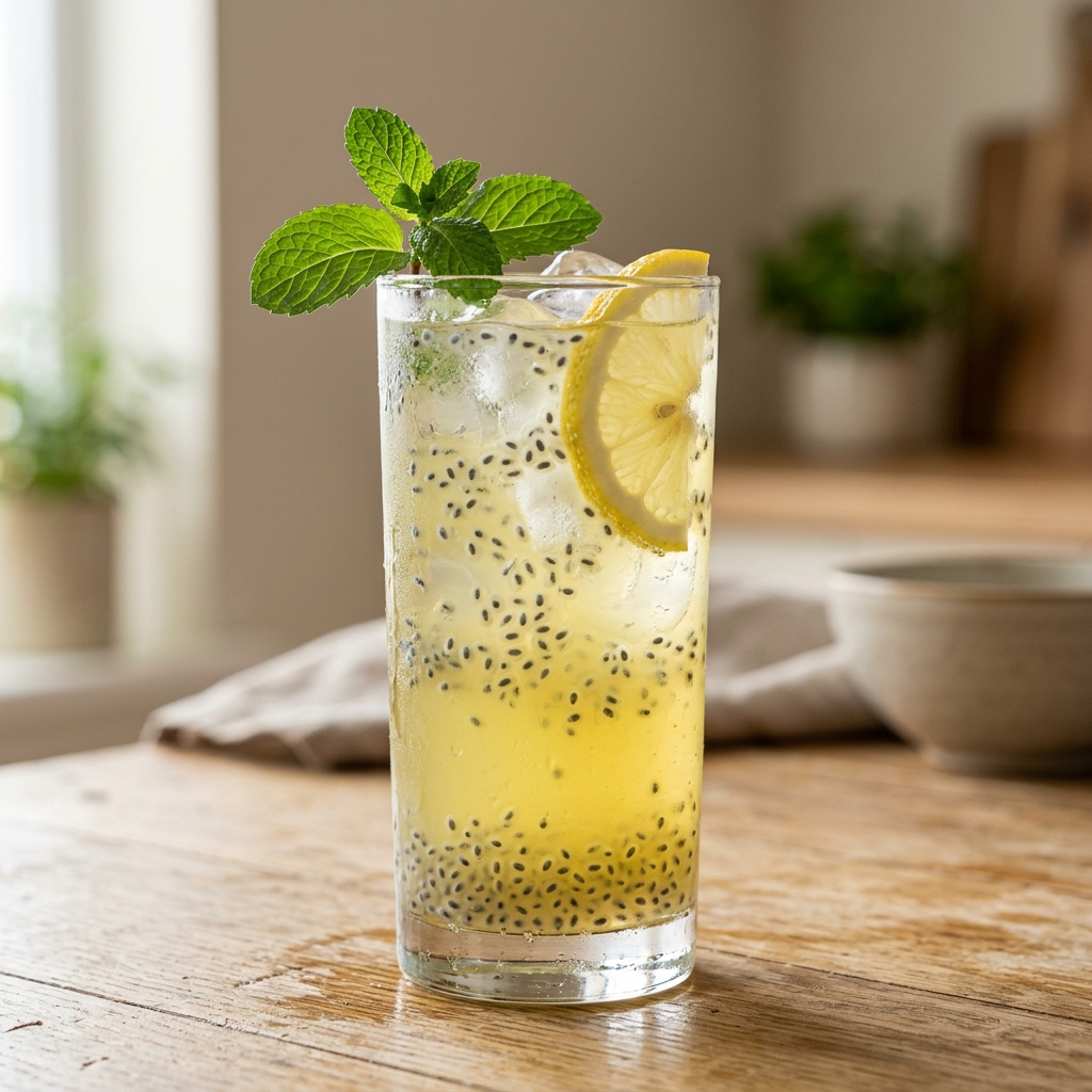 Glass of chilled lemon basil seed drink with ice cubes and fresh mint sprig