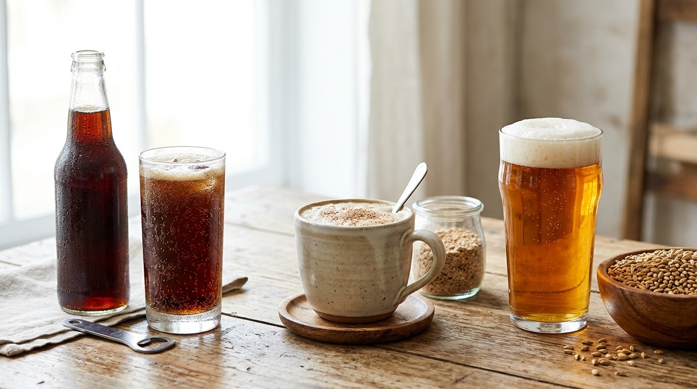 Malta soda, warm malted drink and beer showing different malt drink types