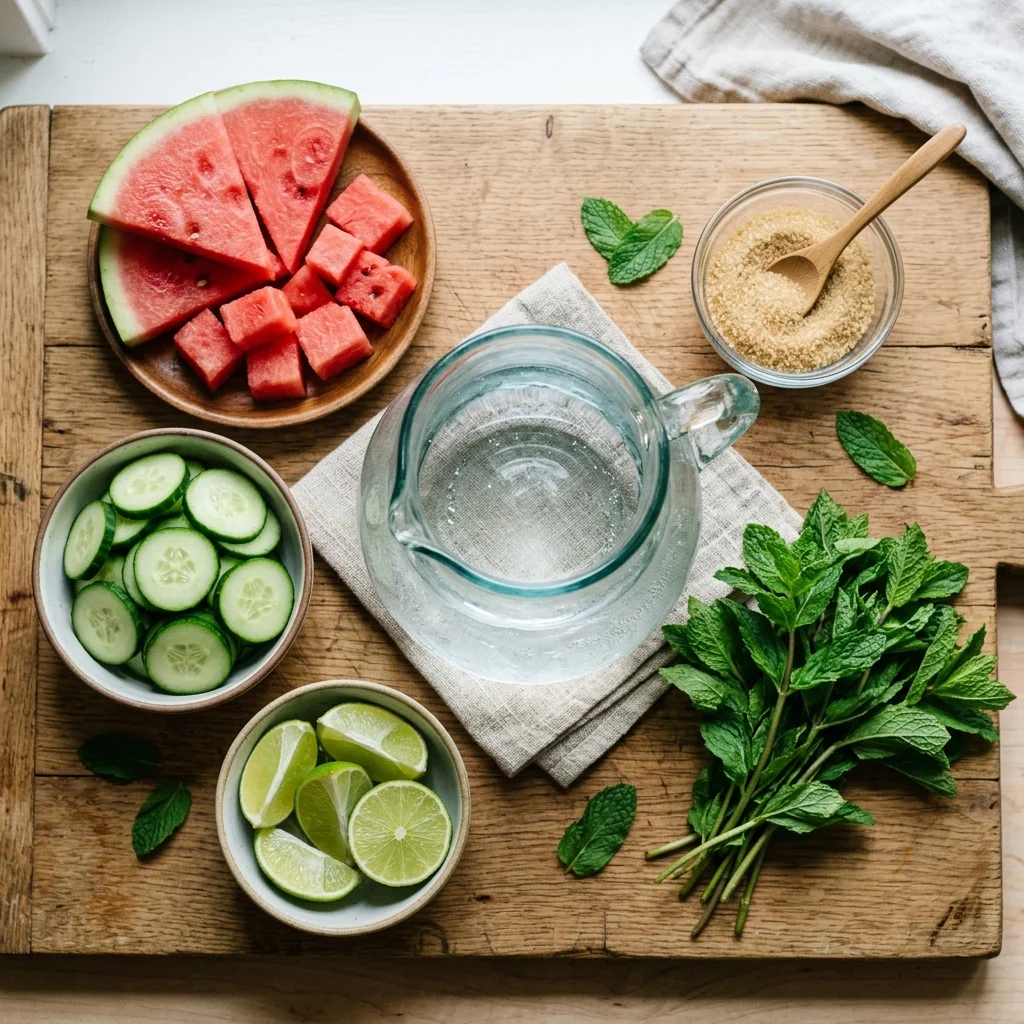 Glass pitcher of fresh watermelon agua fresca with lime and mint