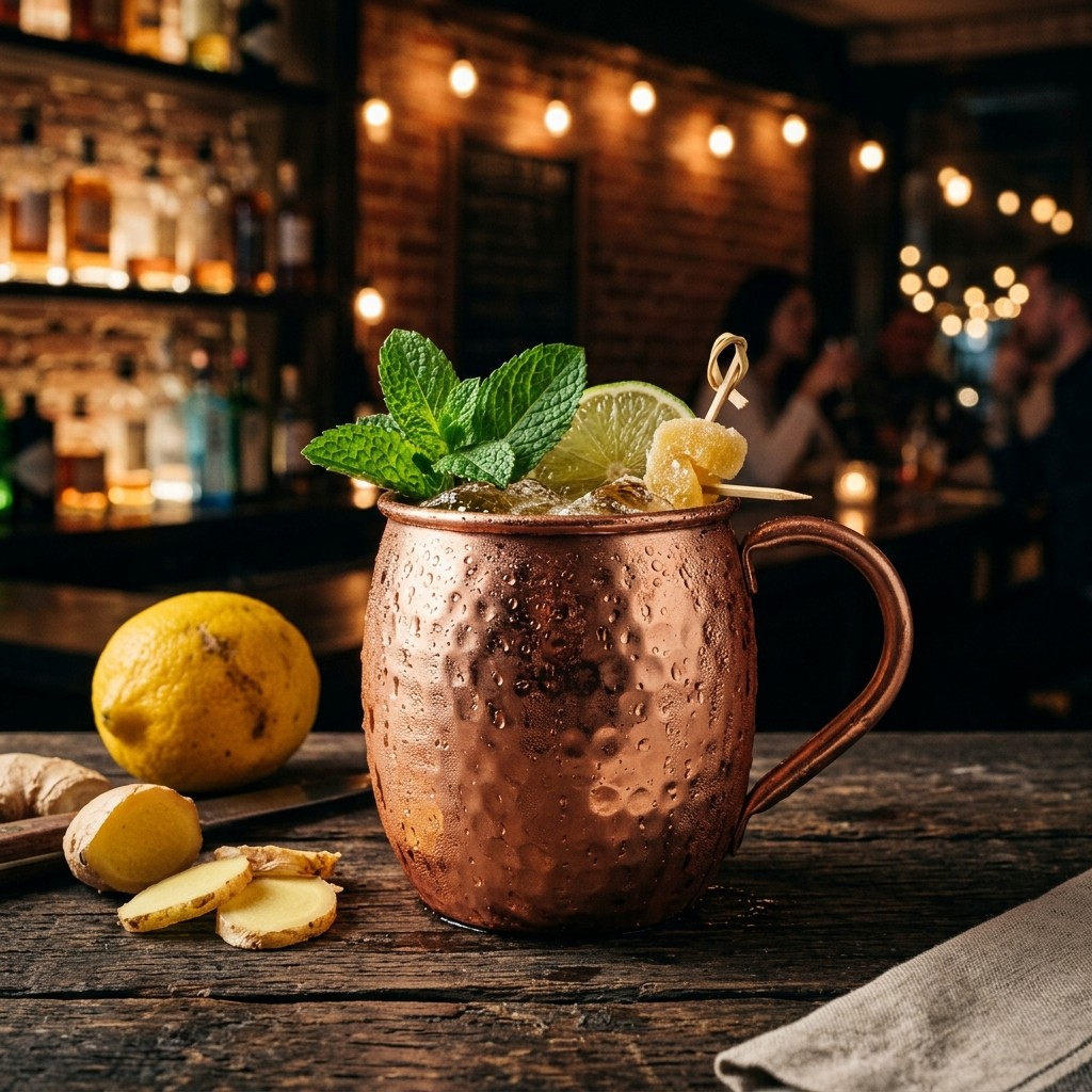 A rustic copper mug filled with bubbly ginger beer and mint on a wooden table with fresh ginger root