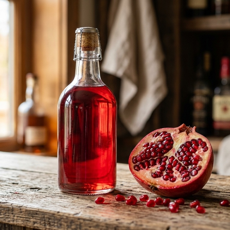 Bottle of dark ruby homemade grenadine syrup beside fresh pomegranate with arils on wooden table