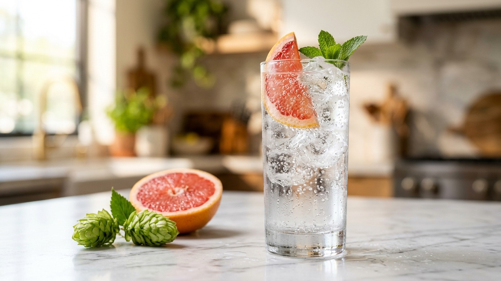 Chilled highball glass of sparkling effervescent hop water with ice cubes, pink grapefruit garnish, and fresh green hop cones