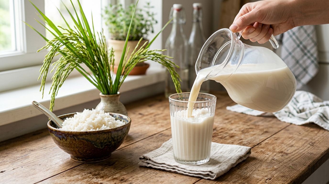 White rice milk being poured from a clear glass pitcher into a drinking glass beside rice stalks