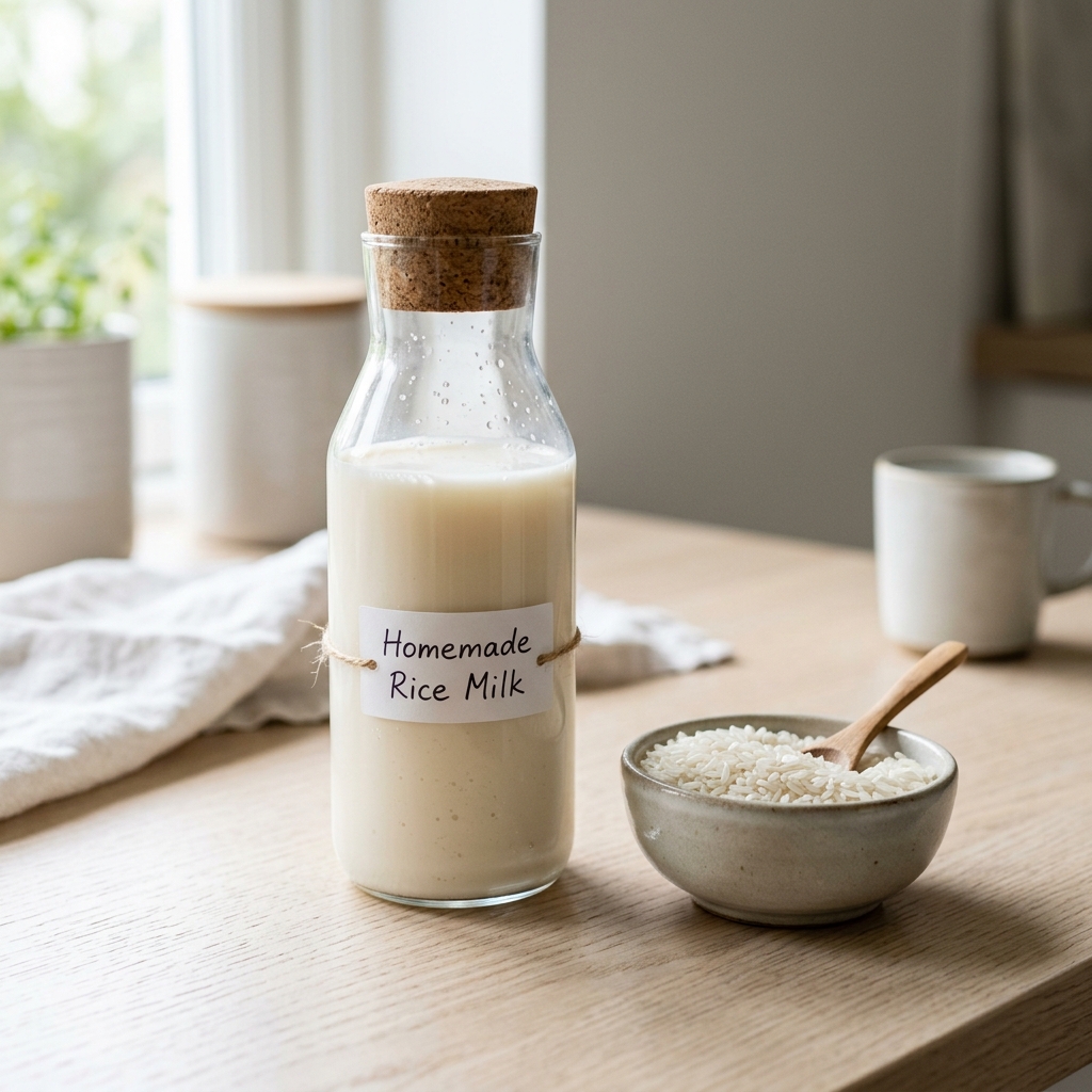 Glass bottle of homemade rice milk beside white rice grains on a kitchen counter
