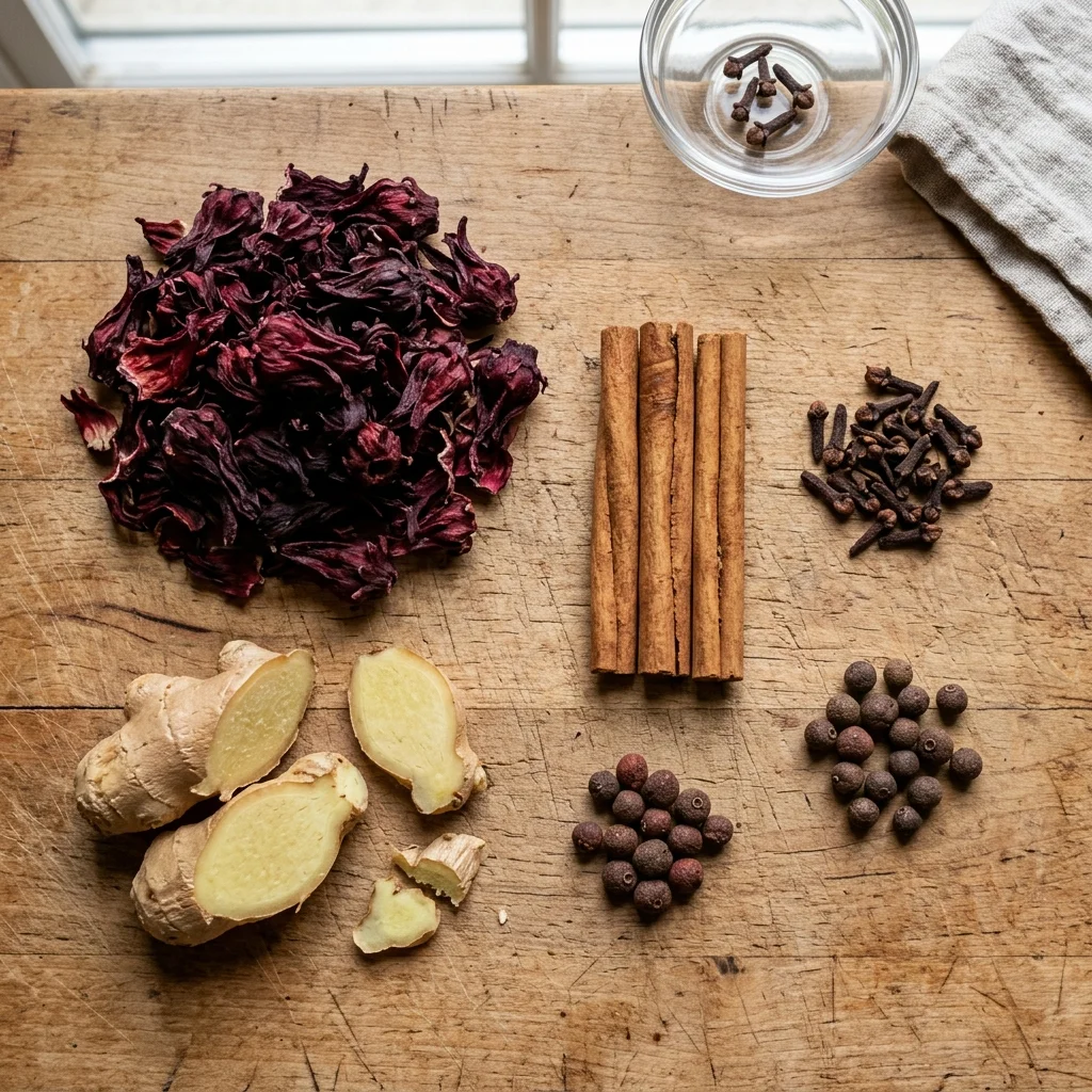 A festive glass of Caribbean sorrel drink with ice, garnished with a slice of orange and a cinnamon stick, set against a warm holiday background