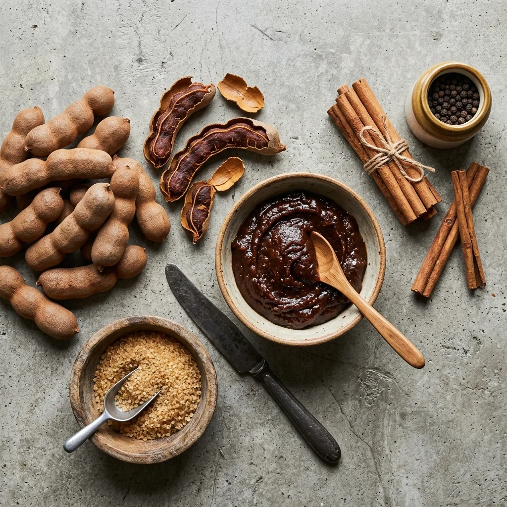 A tall glass of traditional Latin American tamarind drink with ice cubes, a cinnamon stick, and a wedge of lime on a textured wooden table