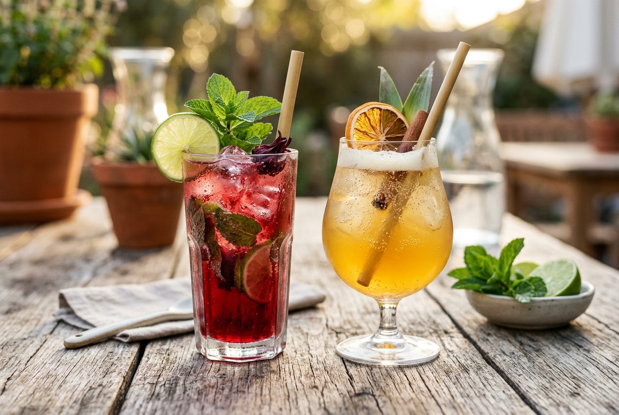 Two chilled glasses of sparkling hibiscus drink and golden tepache with mint and citrus garnish