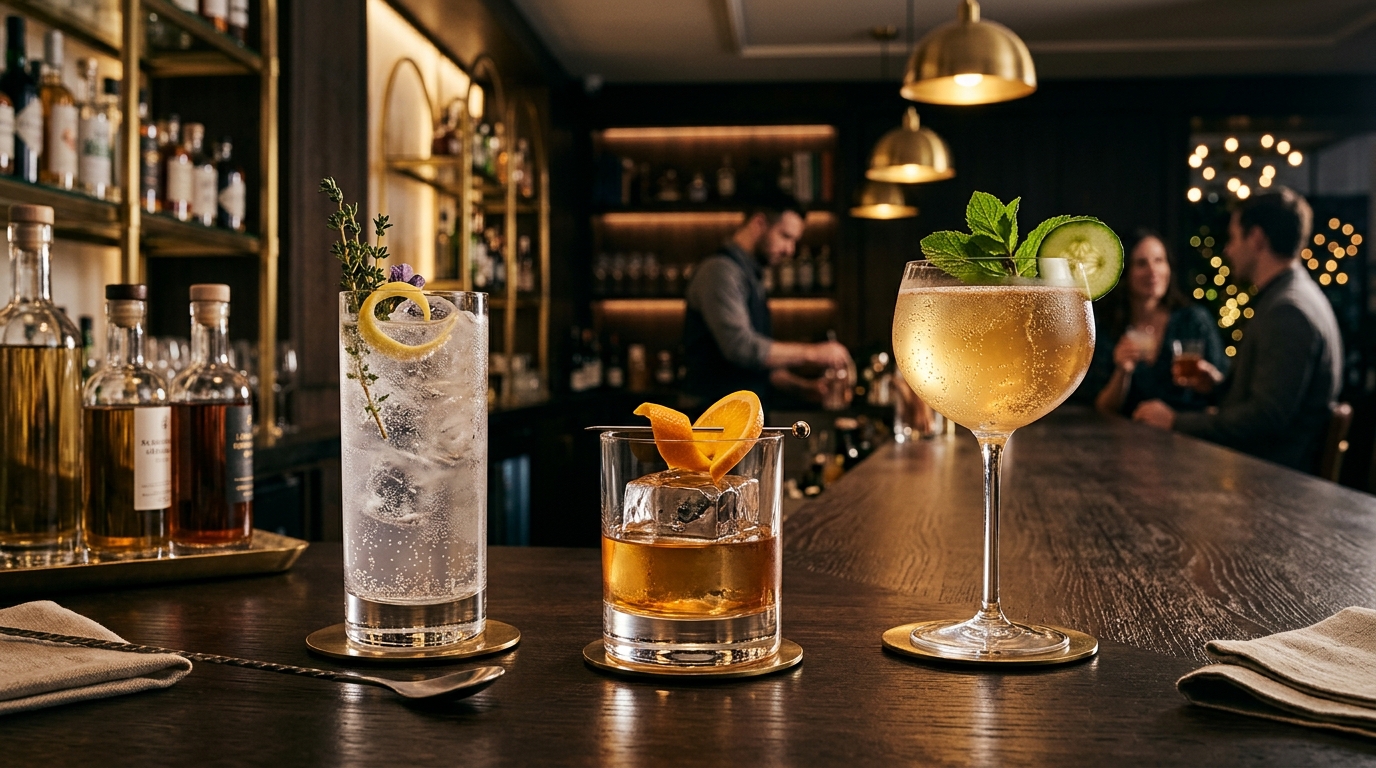 Elegant bar counter featuring chilled non-alcoholic botanical aperitifs, sparkling kombucha, and herb-garnished alcohol-free cocktails in crystal glassware