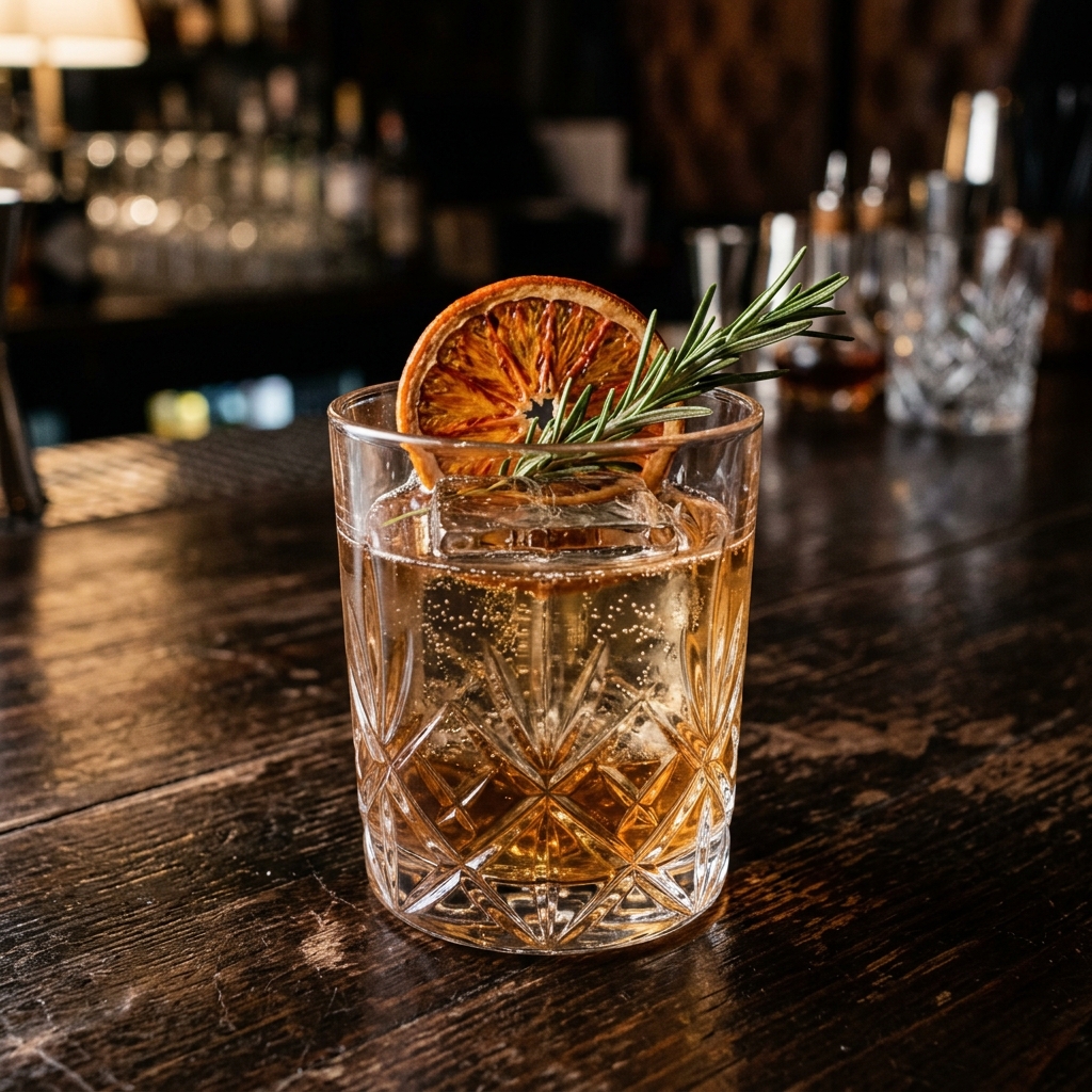 Non-alcoholic botanical cocktail in a crystal tumbler with ice and dehydrated orange garnish
