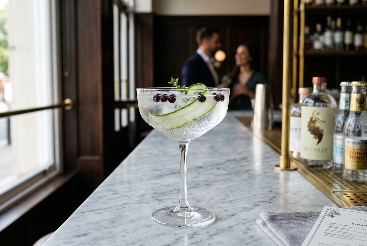 Non-alcoholic botanical gin served in a crystal glass with cucumber ribbon