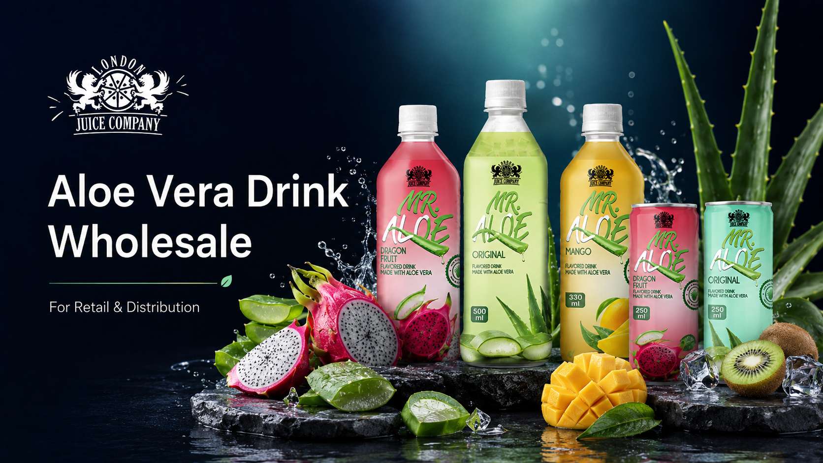 Aloe vera drink wholesale range with Mr Aloe bottles and fruit ingredients