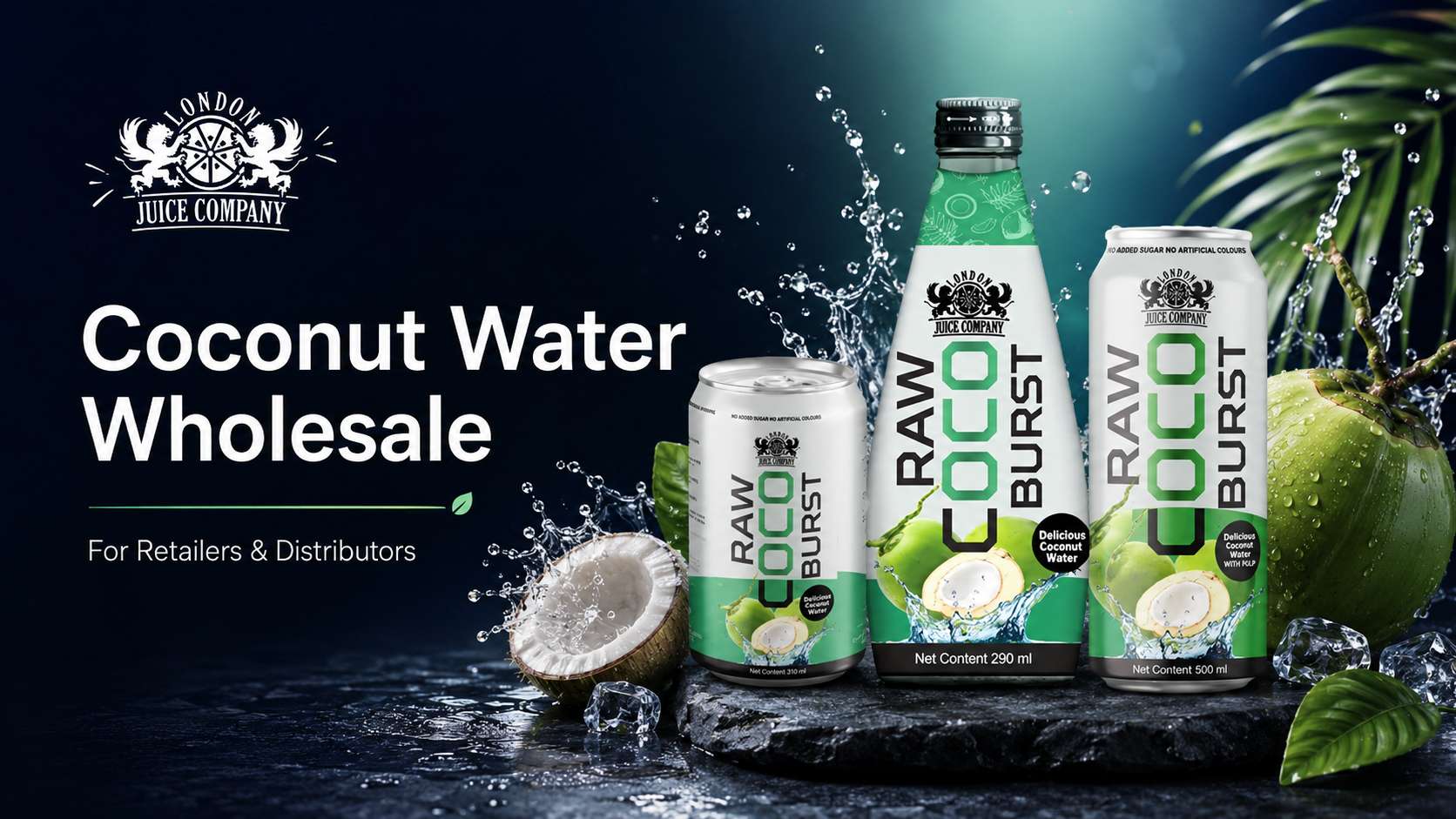 RAW Coco Burst coconut water wholesale range with coconut pulp drinks