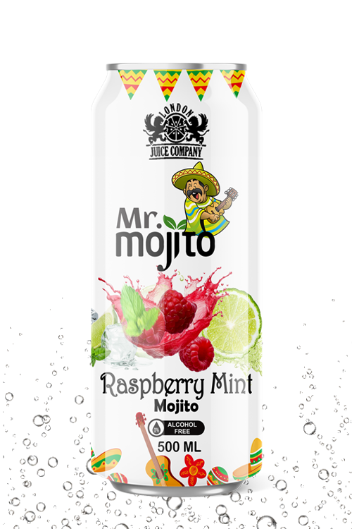 Fruity raspberry mint mojito drink with a cool refreshing finish in a premium alcohol-free 500ml can by London Juice Company.