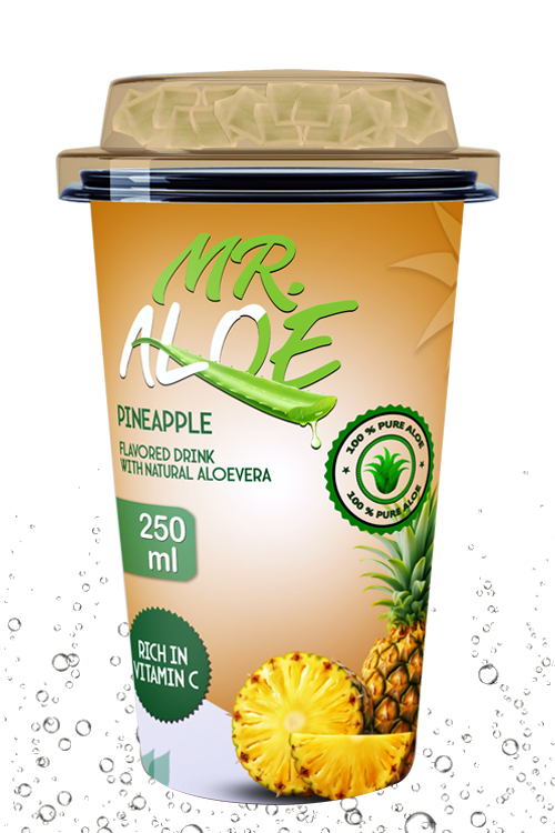 Pineapple aloe drink in 250ml cup with golden beige beverage
