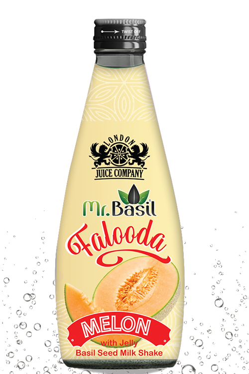 Mr. Basil Melon Falooda with Jelly – a refreshing basil seed milk shake drink made with sweet melon flavor by London Juice Company.